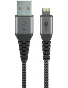 Kabel tekstylny Lightning na USB-A z metalowymi wtyczkami (szary / srebrny) 2 m - Długość kabla 2 m
