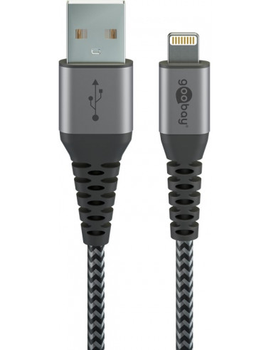 Kabel tekstylny Lightning na USB-A z metalowymi wtyczkami (szary / srebrny) 1 m - Długość kabla 1 m